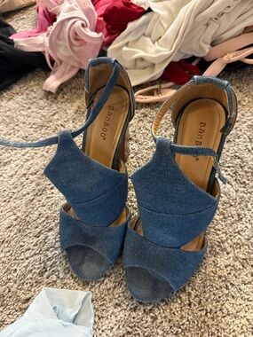 BAMBOO Denim Blue Crossover Lace-Up Wedge Heels